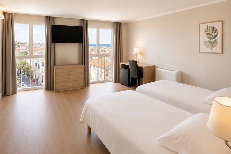 Chambre familiale lumineuse avec lit double et grandes fenêtres