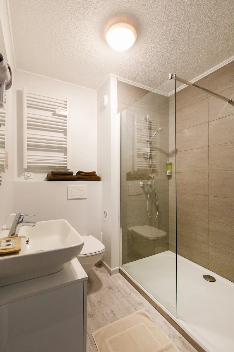 Salle de bain rénovée avec douche vitrée